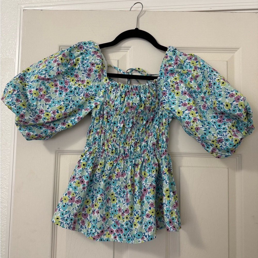Love Notes Floral Puff Sleeve Blouse - Blue and Yellow